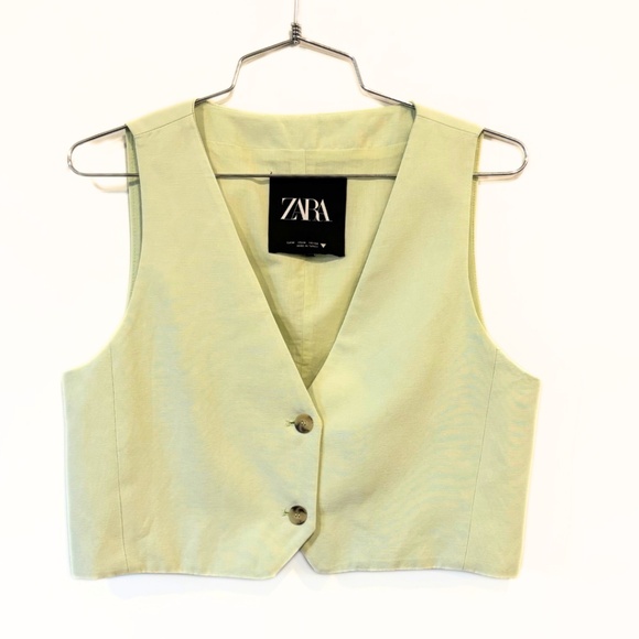 Zara Linen Blend Cropped Waistcoat Apple Green Size M - Picture 2 of 7